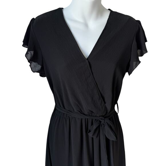 Fit  Flare Black Midi Dress Small Flutter Sleeve Mock Wrap Coquette Flirty Flowy - Picture 2 of 16
